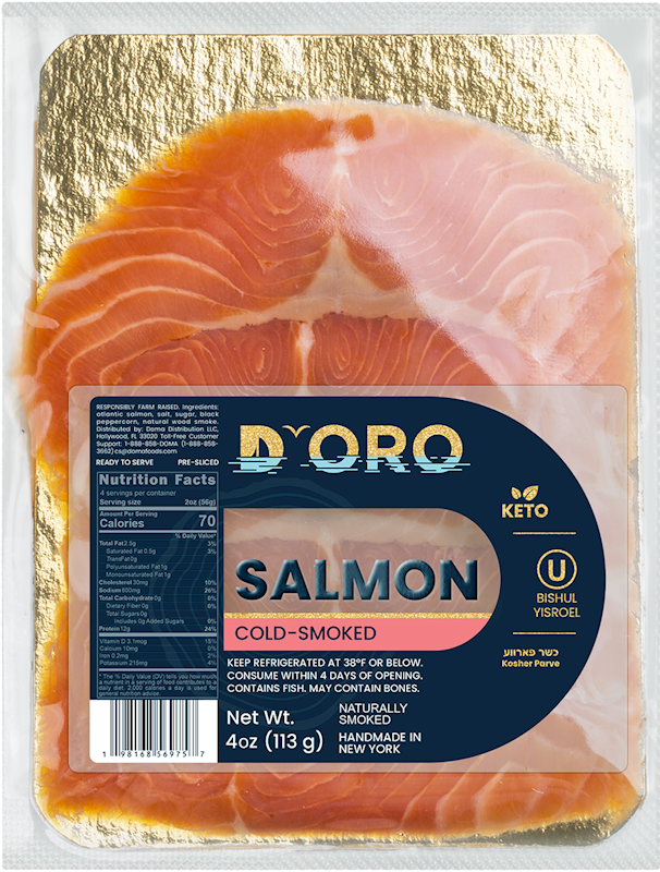 D'Oro Premium Cold Smoked Salmon (Kosher Parve) 4 oz - by piece or by box of 10