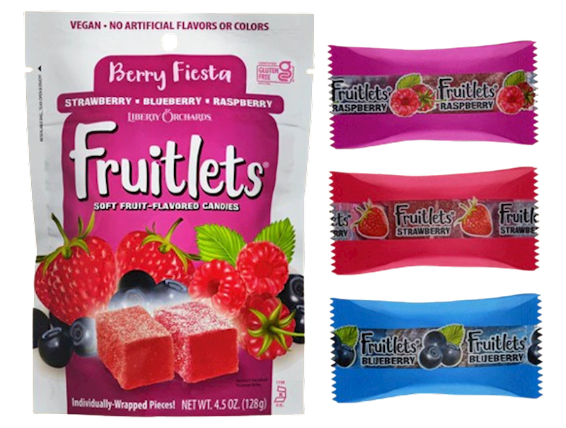 LIBERTY ORCHARDS CANDY FRUITLETS BERRY FIESTA (RASBERRY-BLUEBERRY-STRAWBERRY) 4.5oz /9 (STAND UP BAGS) #0353
