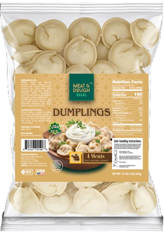 MEAT & DOUGH HALAL DUMPLINGS "4 MEATS" BEEF VEAL LAMB & CHICKEN USA, 18*1LB #6114
